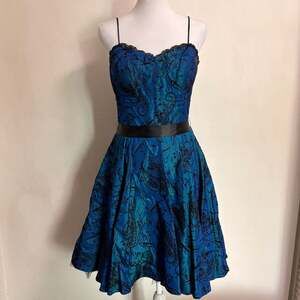 Vtg Y2K Whimsigoth Fairy Blue Paisley A-Line Velvet Dress Prom